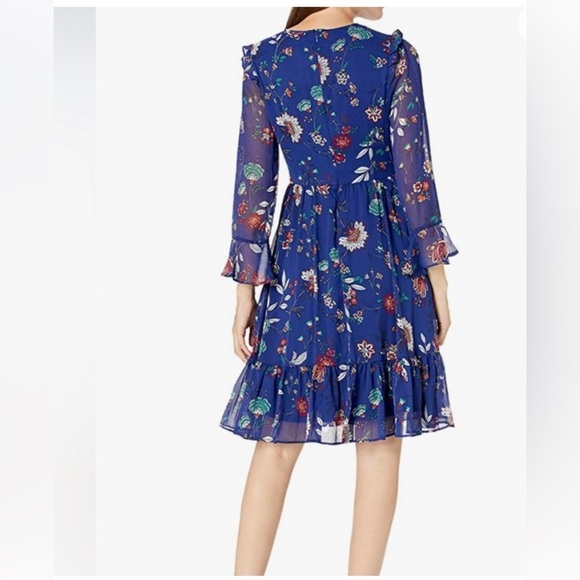 NWT! CALVIN KLEIN Blue, Red, White, and Black Ruffle Hem Floral Dress - Size 14 - Picture 2 of 11